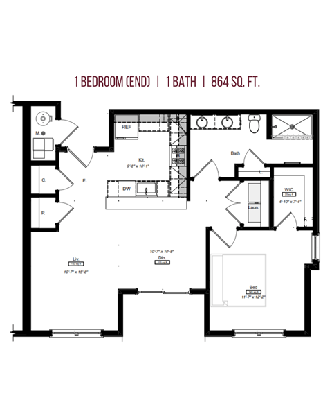 Floor plan for 1 bed, 1 bath, 864 sqft